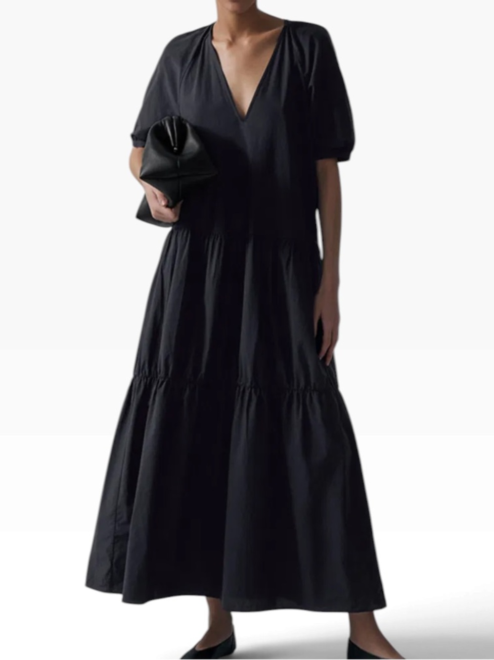 COS Black Cotton  V-Neck Short Sleeve  Tiered Maxi Dress 4